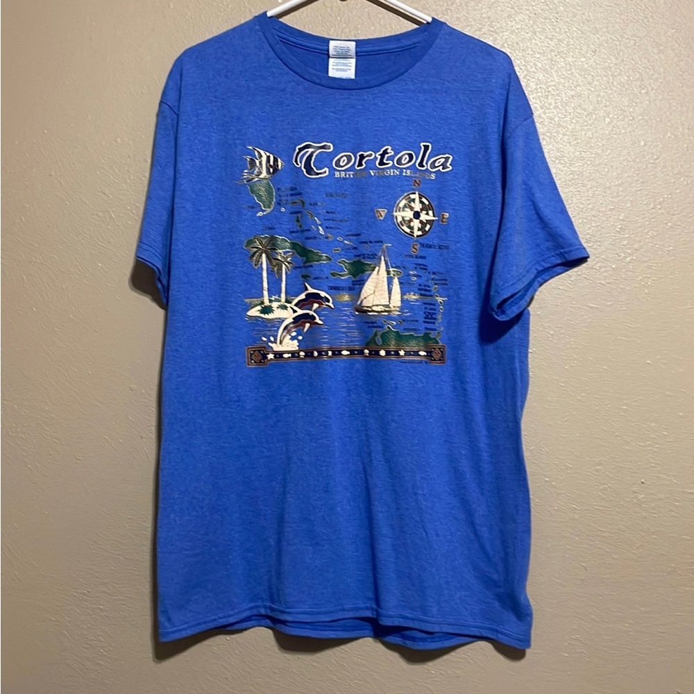 Tortola British Virgin Islands Tourist Map Graphic Blue T-Shirt Adult L